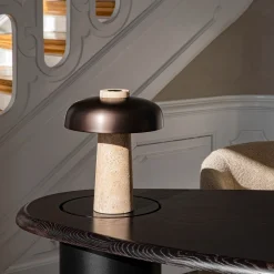 Reverse table lamp | travertine and bronzed brass