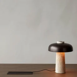 Reverse table lamp | travertine and bronzed brass