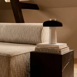 Reverse table lamp | travertine and bronzed brass