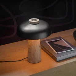 Reverse table lamp | travertine and bronzed brass