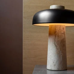 Reverse table lamp | travertine and bronzed brass